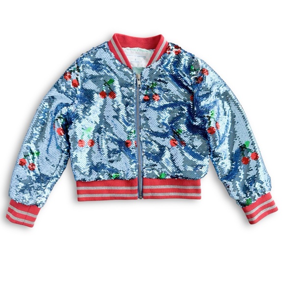 Rockets of Awesome Sequin Cherry Bomber Jacket Girls Size 5 Blue Red Sparkly - Picture 3 of 16